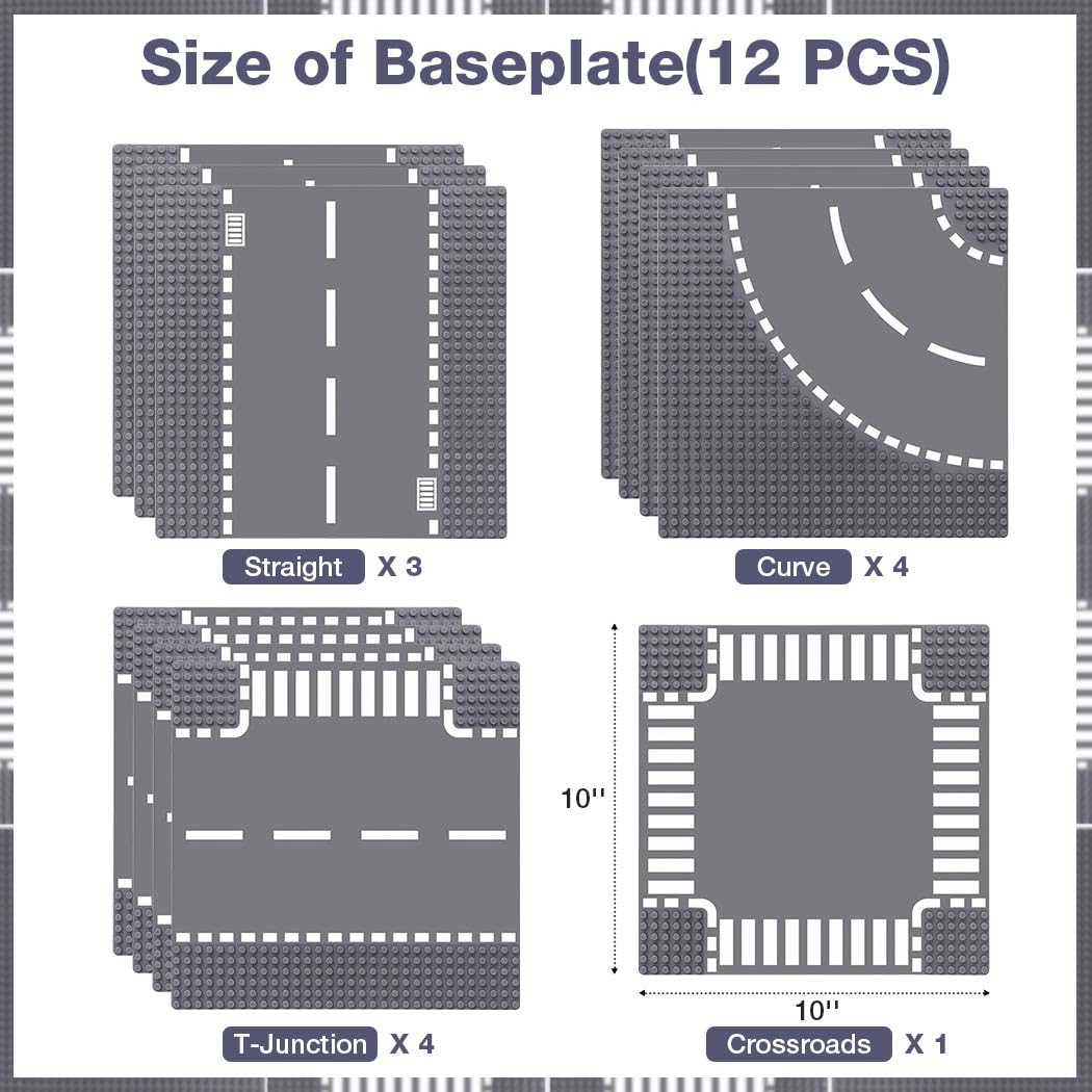 Lekebaby 12 Pack Road Base Plates, 10'X10' City Street Baseplates 100% Compatible With All Major Brands, 4 Curve / 4 T Junction / 3 Straight / 1 Junction