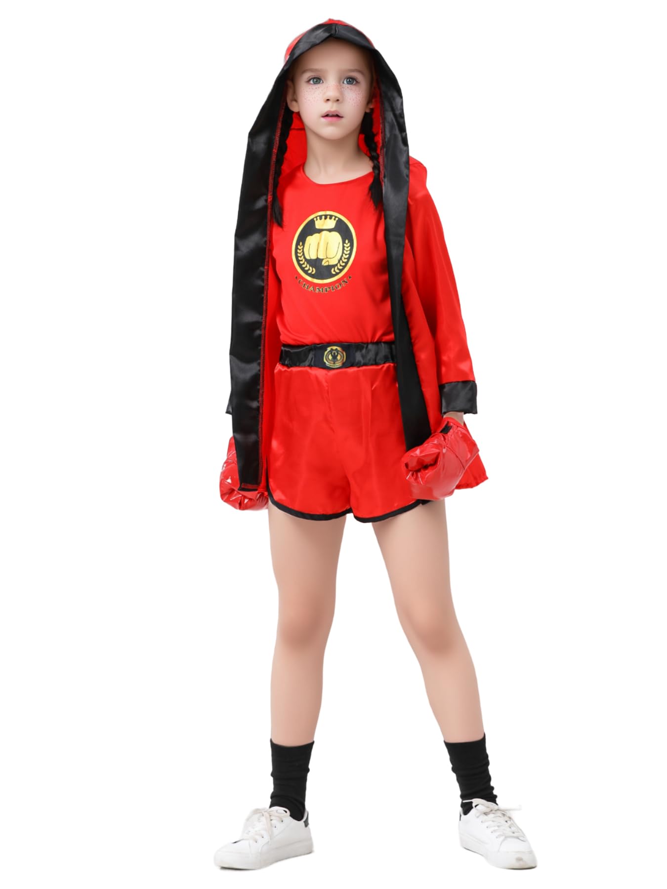 Child'S 4 Pcs Boxing Champions Costume With Top, Shorts, Hooded Cape, Gloves Halloween Fancy Dress Boxer Uniform For Kids (Red,