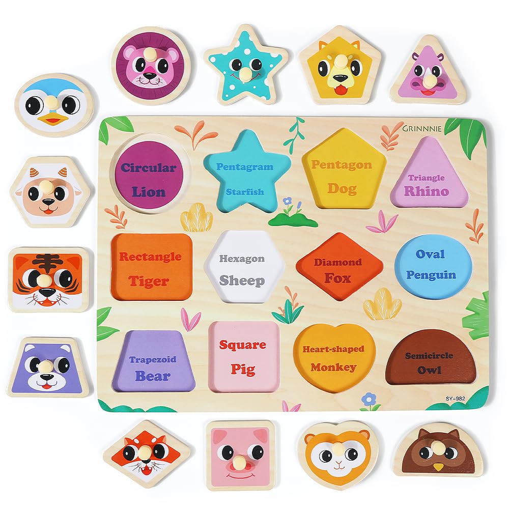 Grinnnie Wooden Puzzles For Toddlers 1 2 3 Years Old, Montessori Toddler Toys 5Pcs Peg Puzzles With Knob - Number, Alphabet, Shape, And Animal, Great Gifts For Boys Girls