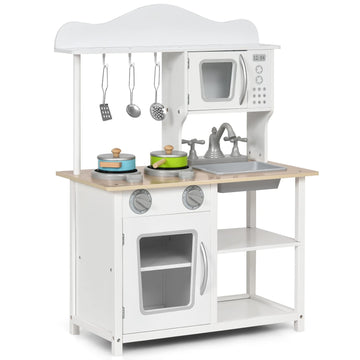 Costzon Kids Kitchen Playset, Wooden Pretend Toy Kitchen Set with Sink, Oven, Microwave, Stove, Pots, Utensils, Play Kitchen for