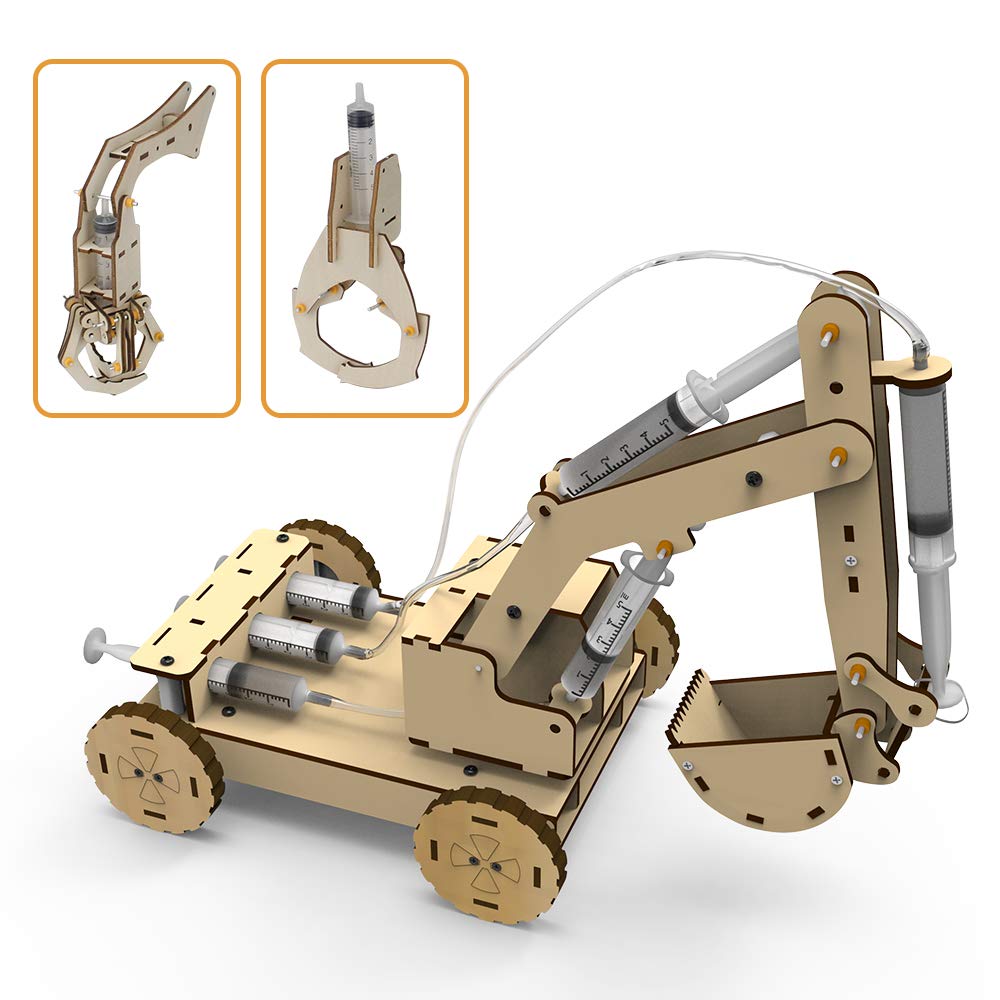 Mini Tudou 3D Wooden Construction Excavator Vehicle Toys Set, Stem Science Kit With Air Pressure System To Build A Wood Excavator Model Including 3 Replaceable Gripper & Digger For Kids Boys Girls