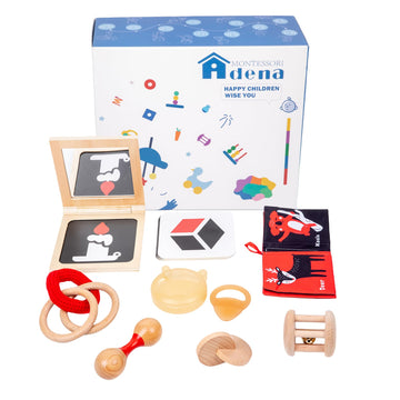 Adena Montessori Play Kit - 8 in 1 Wooden Educational Toys for 3-4 Months Baby, Black and White, Model I903