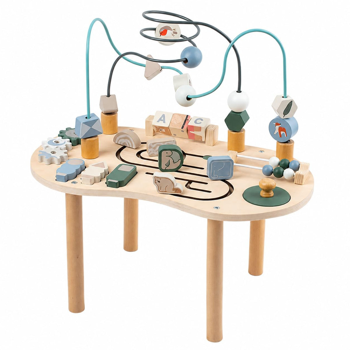 Wooden Activity Table for Toddlers, 7in1 Montessori Sensory Play Table, Baby Standing Activity Center with Bead Maze, Shape So