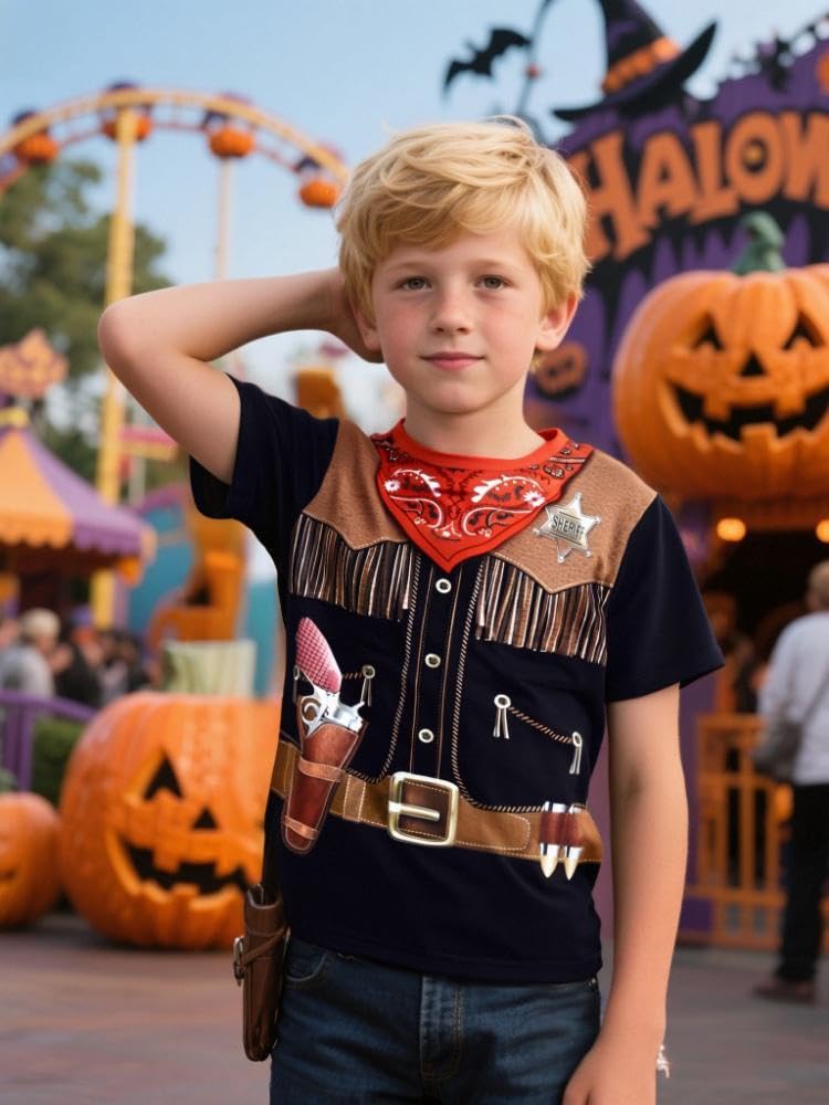 Cosland Cowboy Costume For Boy Kids Western Tees Halloween Shirt, Brown, Medium