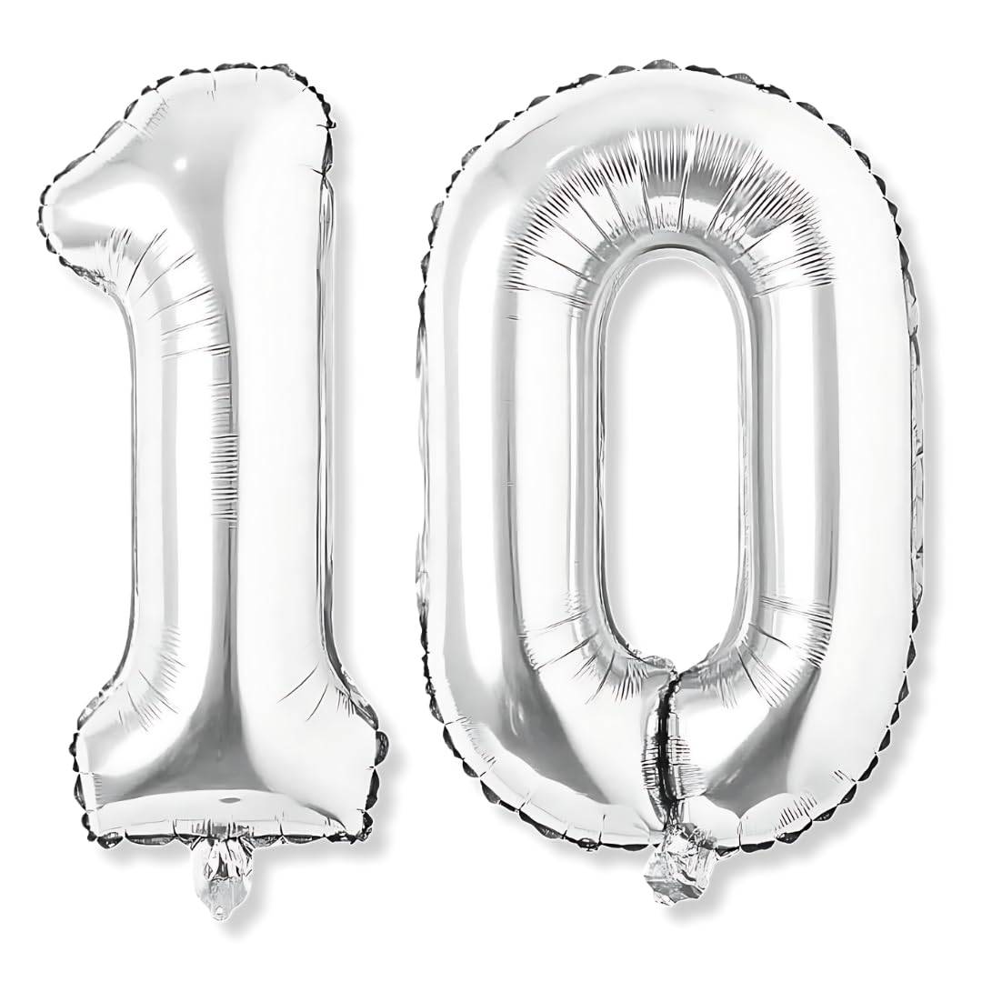 Flyloons 10 number Silver Foil Balloon 16 inch Size Birthday Decoration Items Pack of 2 | 10th Year Balloons | Ten