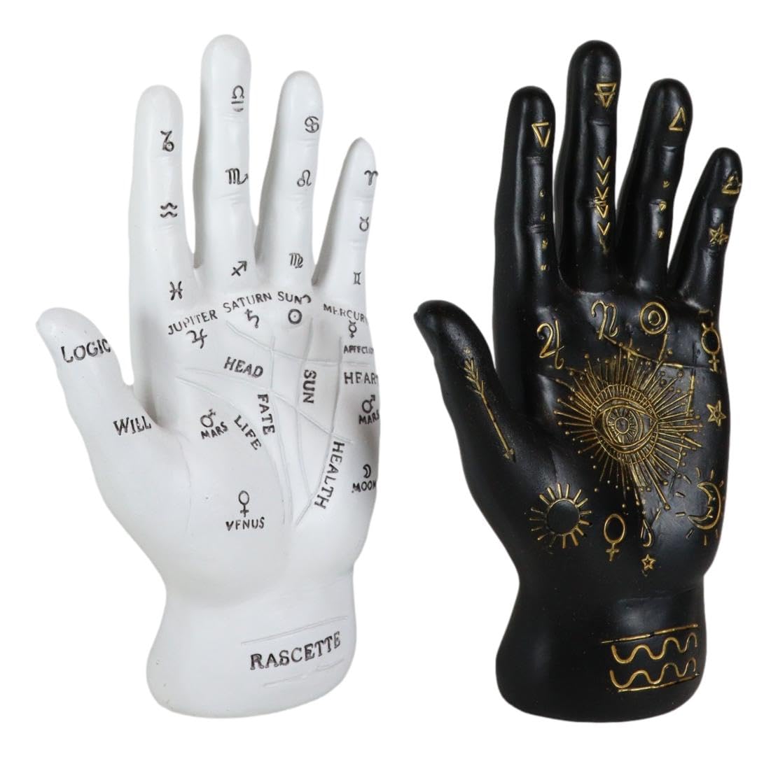 Ebros Gift Ancient Mystical Psychic Fortune Teller Chirology Palmistry Hand Palm With Lines And Symbols Figurine Decor Witchcraft Spiritual Divinity Statue For Palmists Readers (Black And White Set)