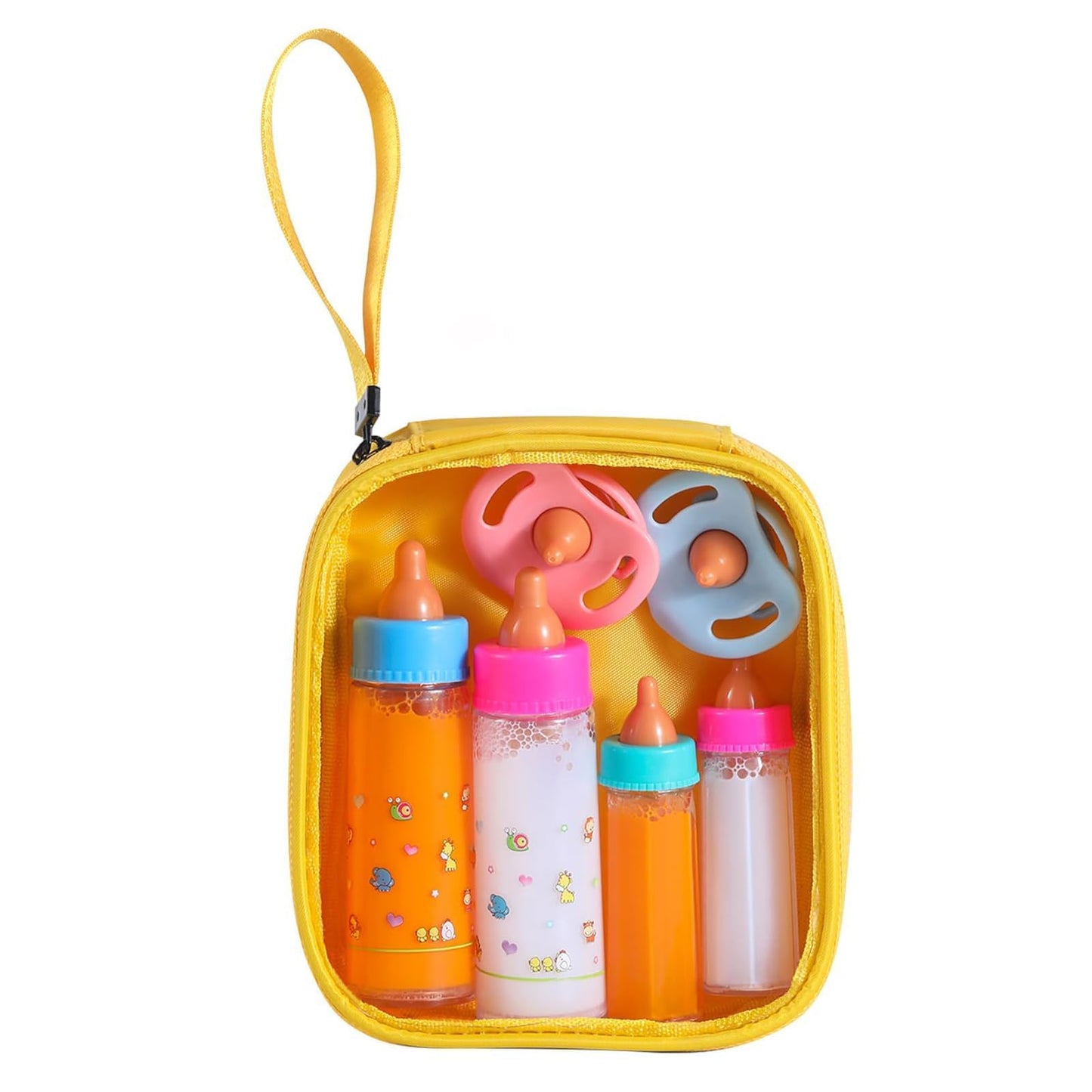 Kaydora Baby Doll Bottle Accessories - 6 Pcs Feeding Bottle Toys, Magic Disappearing Milk & Juice, Pretend Play Set With Pacifiers Kids Gift Yellow