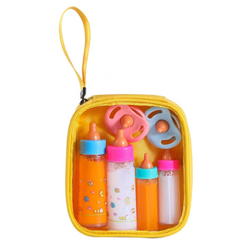 Kaydora Baby Doll Bottle Accessories - 6 Pcs Feeding Bottle Toys, Magic Disappearing Milk & Juice, Pretend Play Set With Pacifiers Kids Gift Yellow