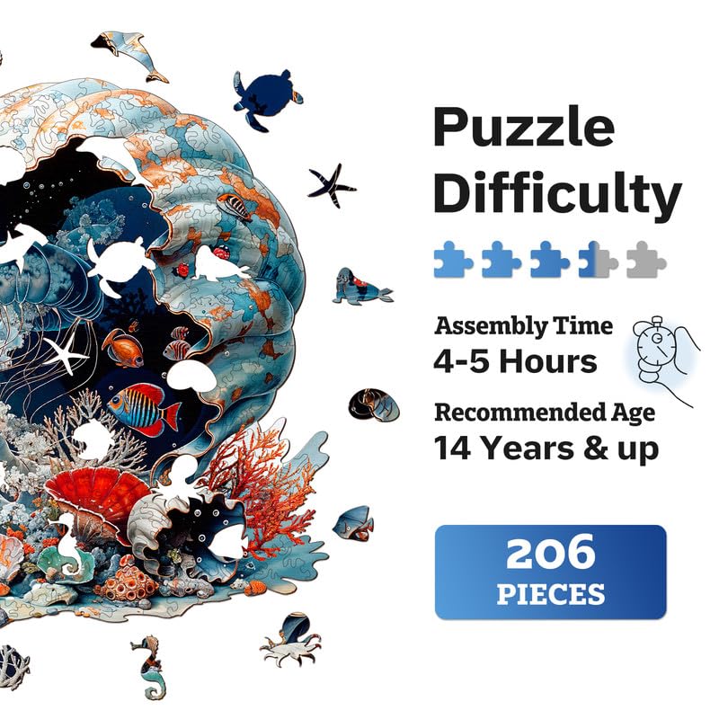 Jigfoxy Wooden Puzzles for mature-themeds  Seashell Wood Puzzles mature-themed  Unique Animal Shape Wooden Jigsaw Puzzles for mature-themeds  Birthday Gifts for Puzzle Lovers  Family(M-11.4 * 11.4in-206pcs)