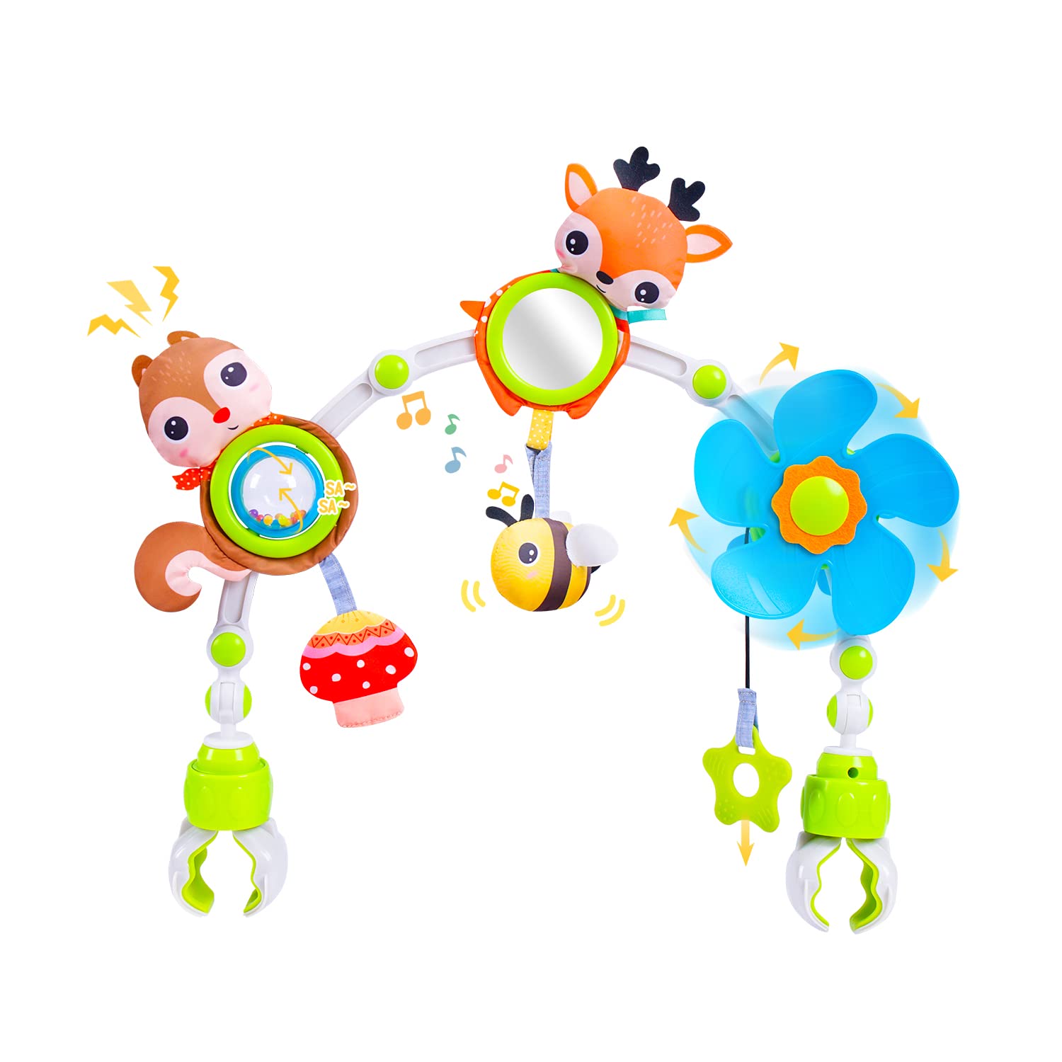 Koty Baby Stroller Arch Toy With Teether, Rattle, Crinkle Sound, Mirror & Music Box, Newborns Sensory Activity Carrier Take-Along Toy, Adjustable For Bouncers, Car Seat & Pram 0M+(Deer)