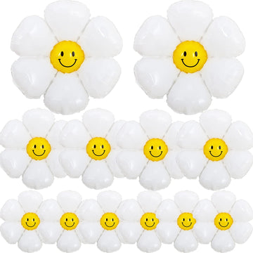 Daisy Balloons With Smile, 12 Pcs Groovy Boho White Flower Balloon Party Decorations For Birthday Wedding Party D  Cor For 60S H