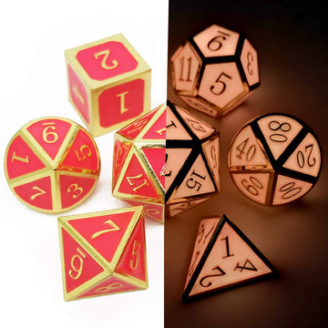Haxtec Glow in The Dark Metal DND Dice Set Gold Pink D&D Dice for Dungeons and Dragons-Gold Glowing Red/Cream Pink