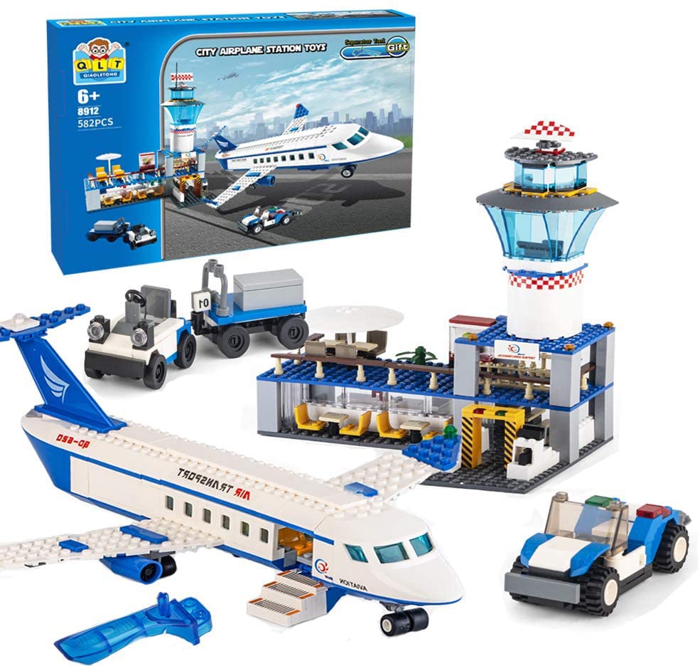 Qlt Qiaoletong City Airplane Station Building Kits Toys,Stem Building Sets For Kids, With Helicopter/Airport/Passenger/Lorry Truck/Car, Best Gift For 6-12 Boys Girls (582 Pieces)