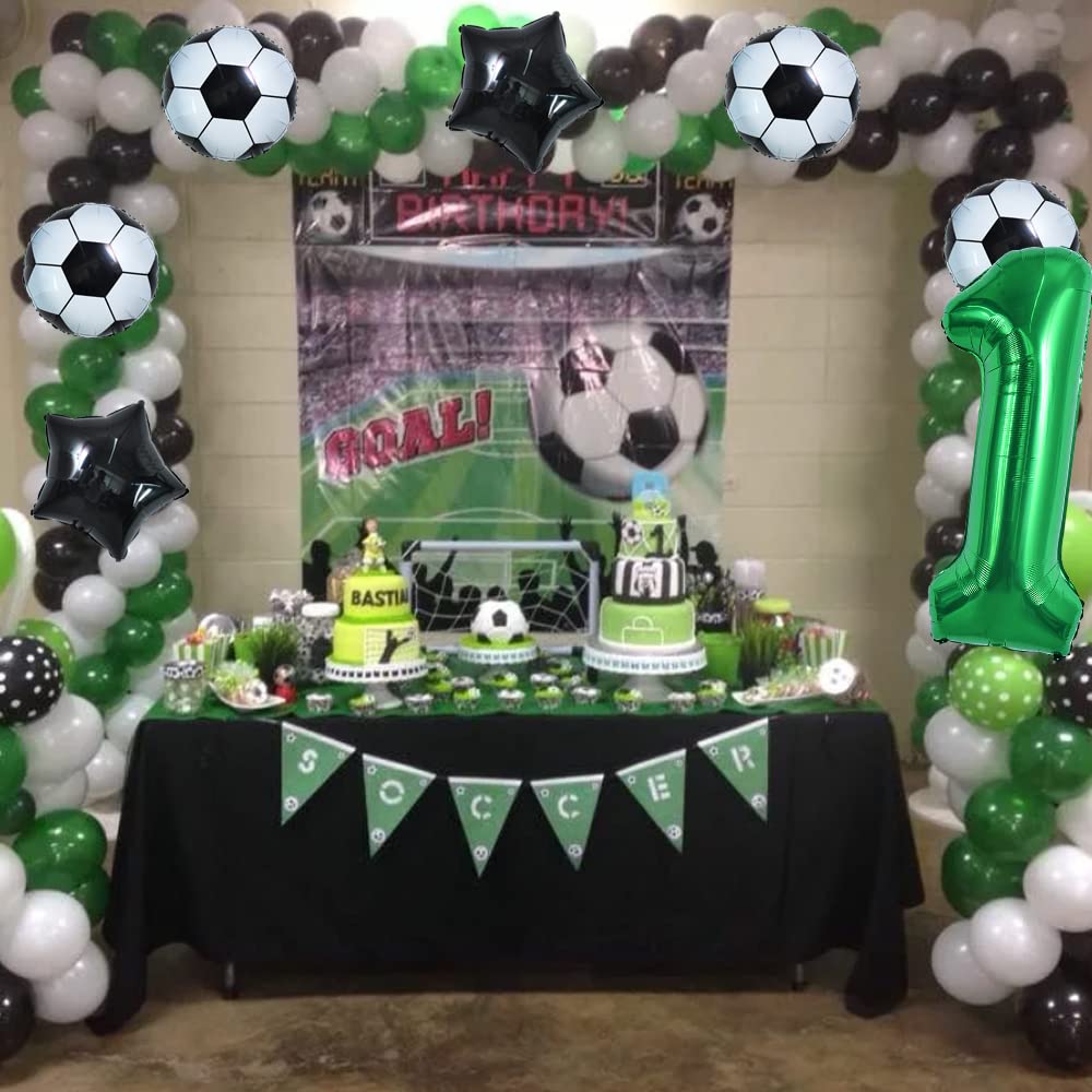 Toniful 32 Inch Soccer Balloons Set 1St Birthday Decoration Green Number 1 Foil Soccer Balloon Black Star Balloons For Children'