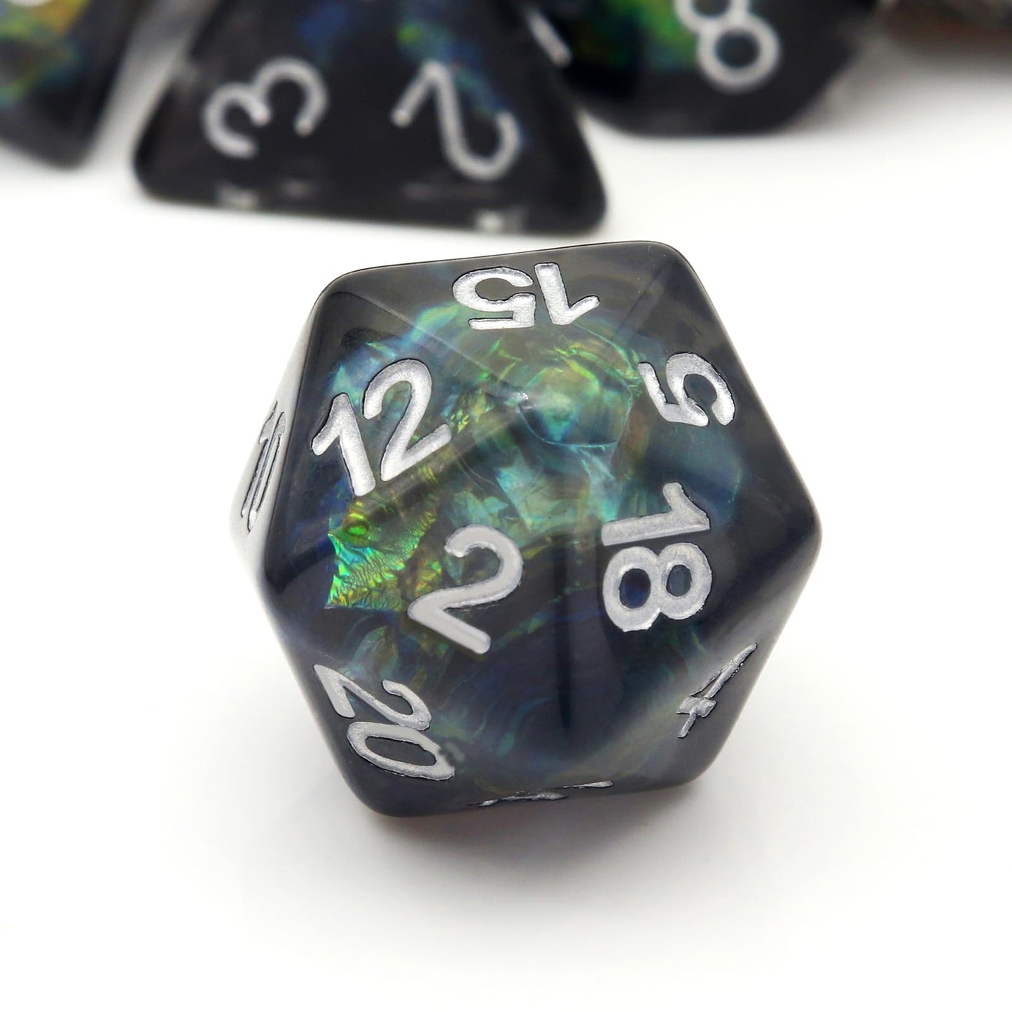 Haxtec DND Dice Set 7PCS Resin Dice Set Black with Iridescent Mylar Inclusion Polyhedral D&D Dice for Roleplaying Dice Games as