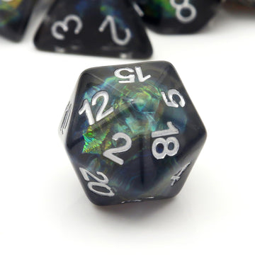 Haxtec DND Dice Set 7PCS Resin Dice Set Black with Iridescent Mylar Inclusion Polyhedral D&D Dice for Roleplaying Dice Games as