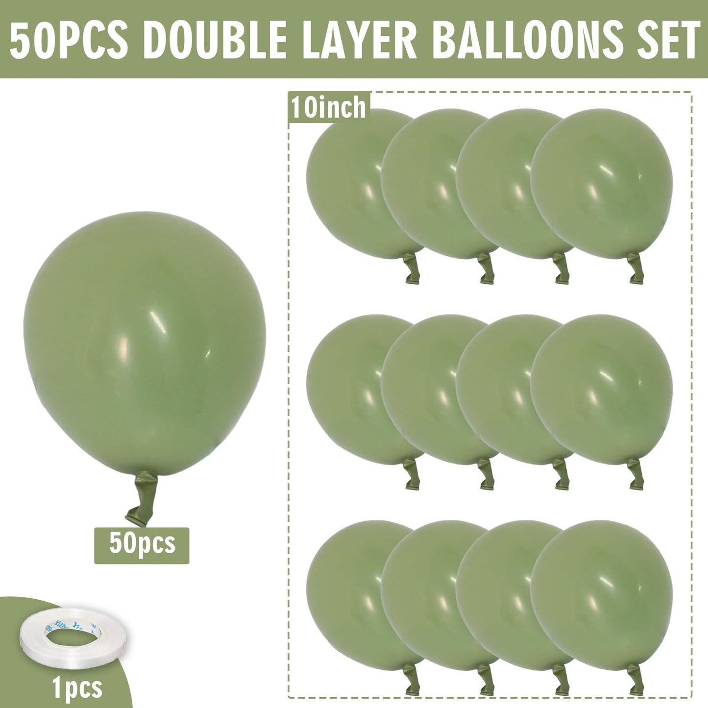 Sage Green Balloons 50Pcs, Double Stuffed Olive Green Latex Helium Balloons, Eucalyptus Avocado Green Party Balloons Retro Green