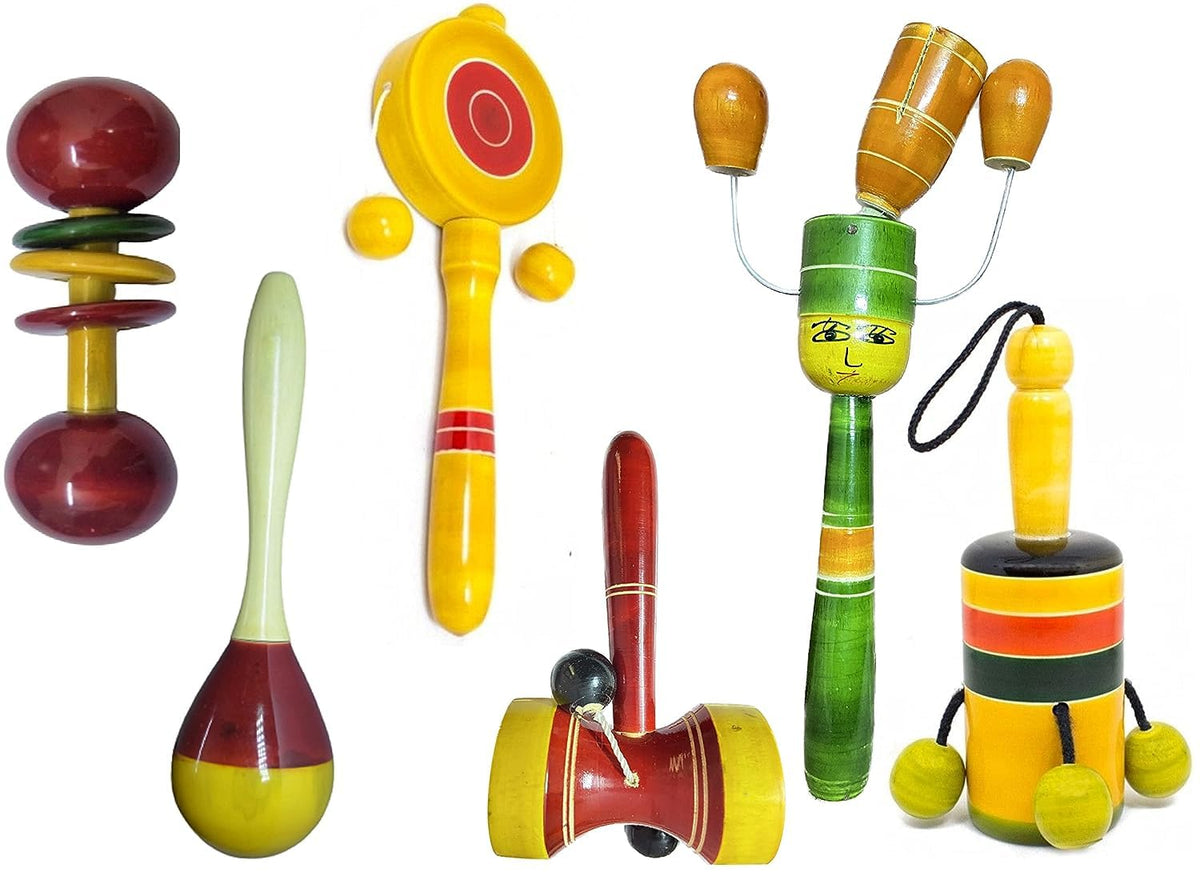 Kishore Collections Channapatna Toys Wooden Baby Rattles For 6 To 12 Months|Non Toxic Multi ColorsDiscover Sounds & Develops Se