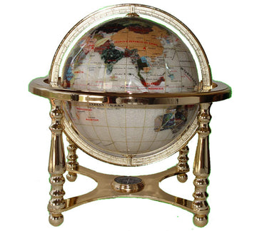 Unique Art 13' Tall 9' Diameter Pearl White Ocean Desktop 4-Leg Gold Stand Gemstone Globe