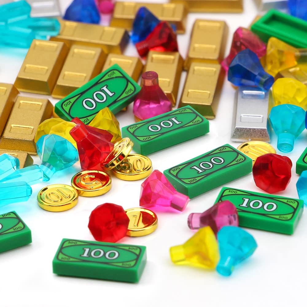 Feleph Treasure Accessories Money Building Blocks Set Jewel Chest, Gems Diamonds, Bullion Gold Tile Silver Bar, Power Crystals,