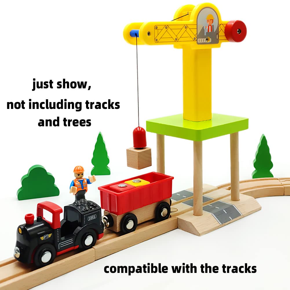 Wooden Train Track Accessories Wooden Crane Toy Set With Train Cars For 3 4 5 Year Old Boys Kids Other Major Wooden Rail Brands Are Compatible (Multi-Function Crane)