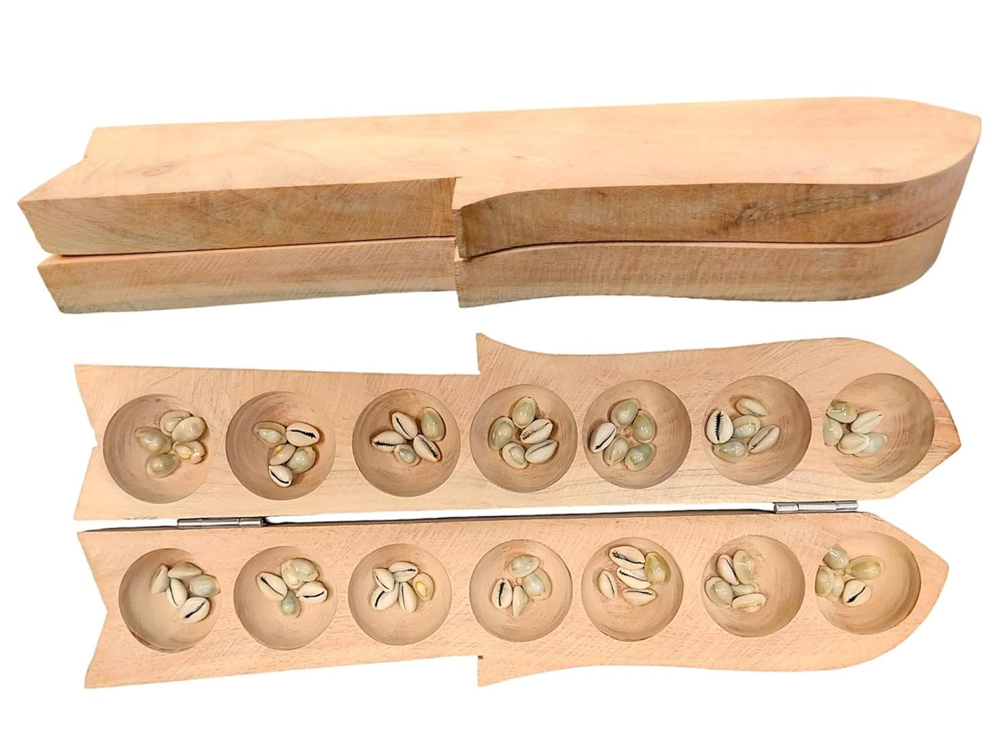 Paljji Handicrafts Vamana Guntalu/Pallanghuzi/Mancala Wooden Board Game With Sea Shells, Storage Bag (Fish - Natural Finished)