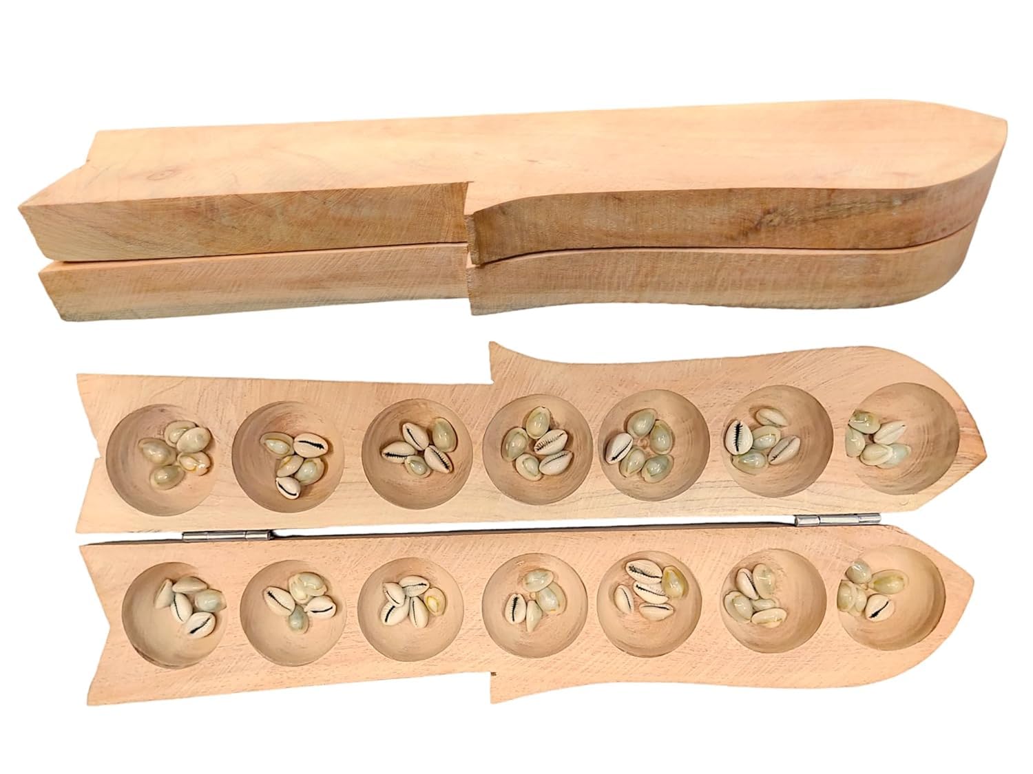 Paljji Handicrafts Vamana Guntalu/Pallanghuzi/Mancala Wooden Board Game With Sea Shells, Storage Bag (Fish - Natural Finished)