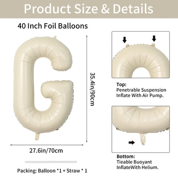 Biapian 40 Inch Letter G Balloons, Giant Cream G Foil Balloon, Big Single Alphabet A-Z Balloons, Beige Large Aluminum G Balloons
