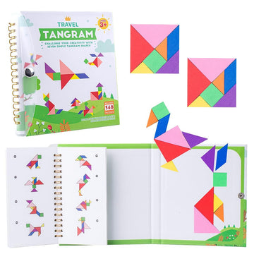 Vanmor Travel Tangram Puzzle With 2 Sets Magnetic Plate-Montessori Shape Pattern Blocks Jigsaw Road Trip Games With 368 Solution - Iq Book Educational Toy Brain Teaser Gift For Kids Adults Challenge