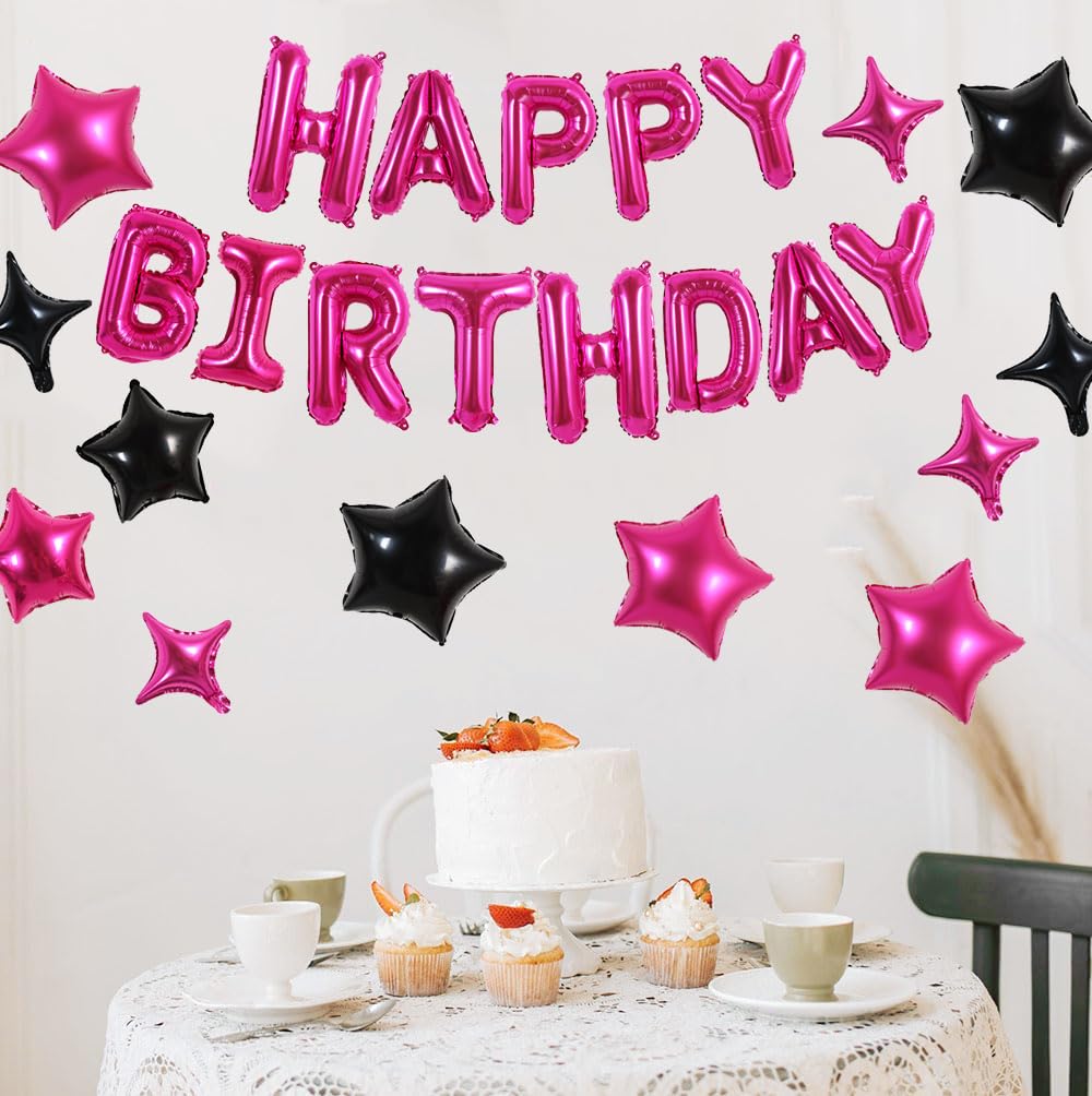 TONIFUL 35PCS Hot Pink Happy Birthday Decorations Kit 16 Inch Happy Birthday Balloon Banner with Star Balloons Mylar Foil Birthd