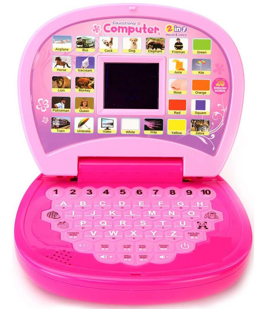 Jbm Enterprise 2In1 Pink Educational Laptop Toy For Kids  English & Chinese Learning Computer With Sound, Alphabet, Numbers, 