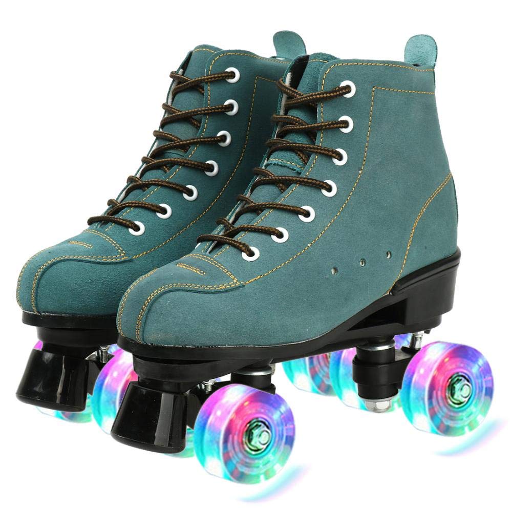 XUDREZ Cowhide Roller Skates for Women and Men High-Top Shoes Double-Row Design Adjustable Classic enhanced Roller Skates (Blue Flash Wheel 5)