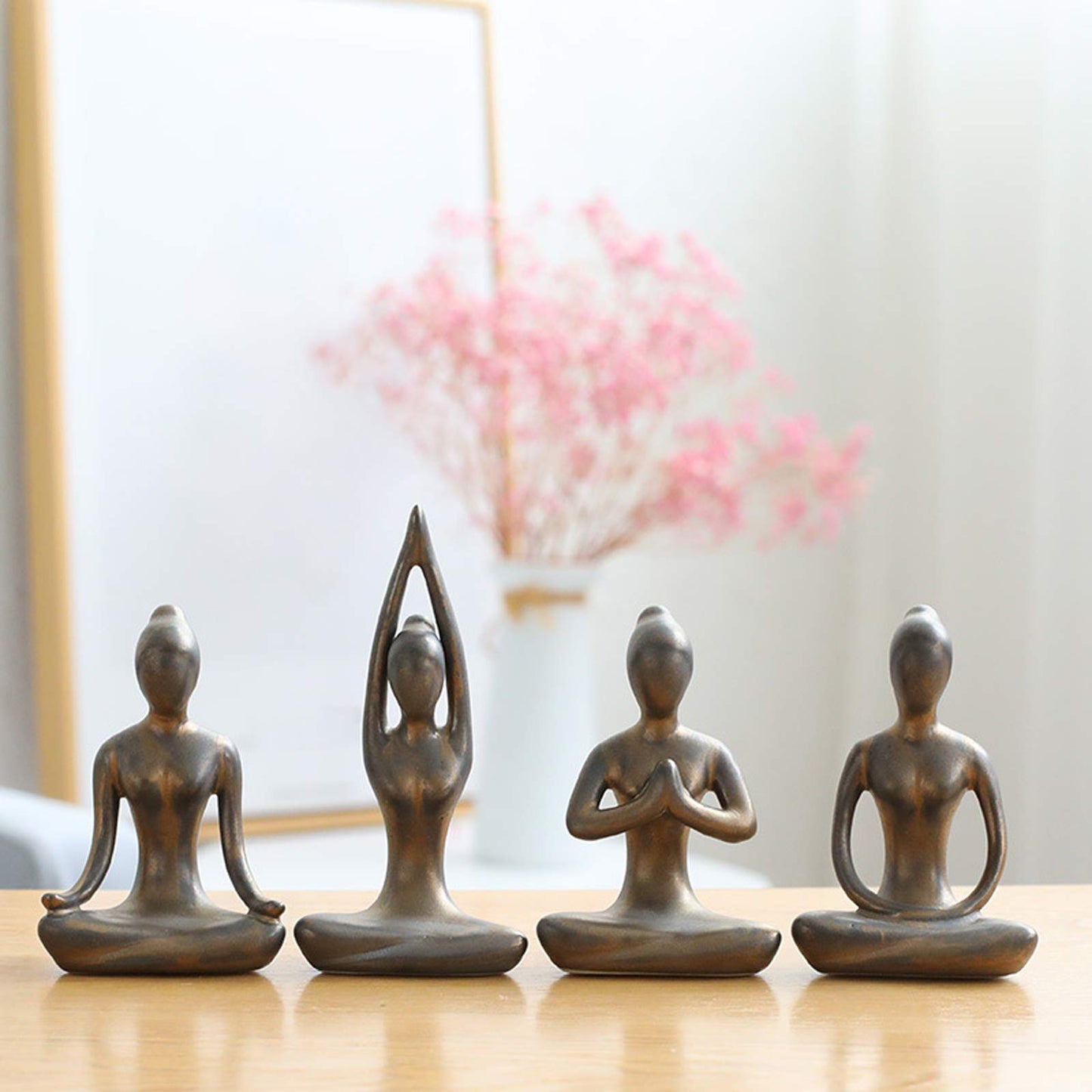 Owmell Lot Of 4 Meditation Yoga Pose Statue Figurine Ceramic Yoga Figure Set Decor - Patina Gold