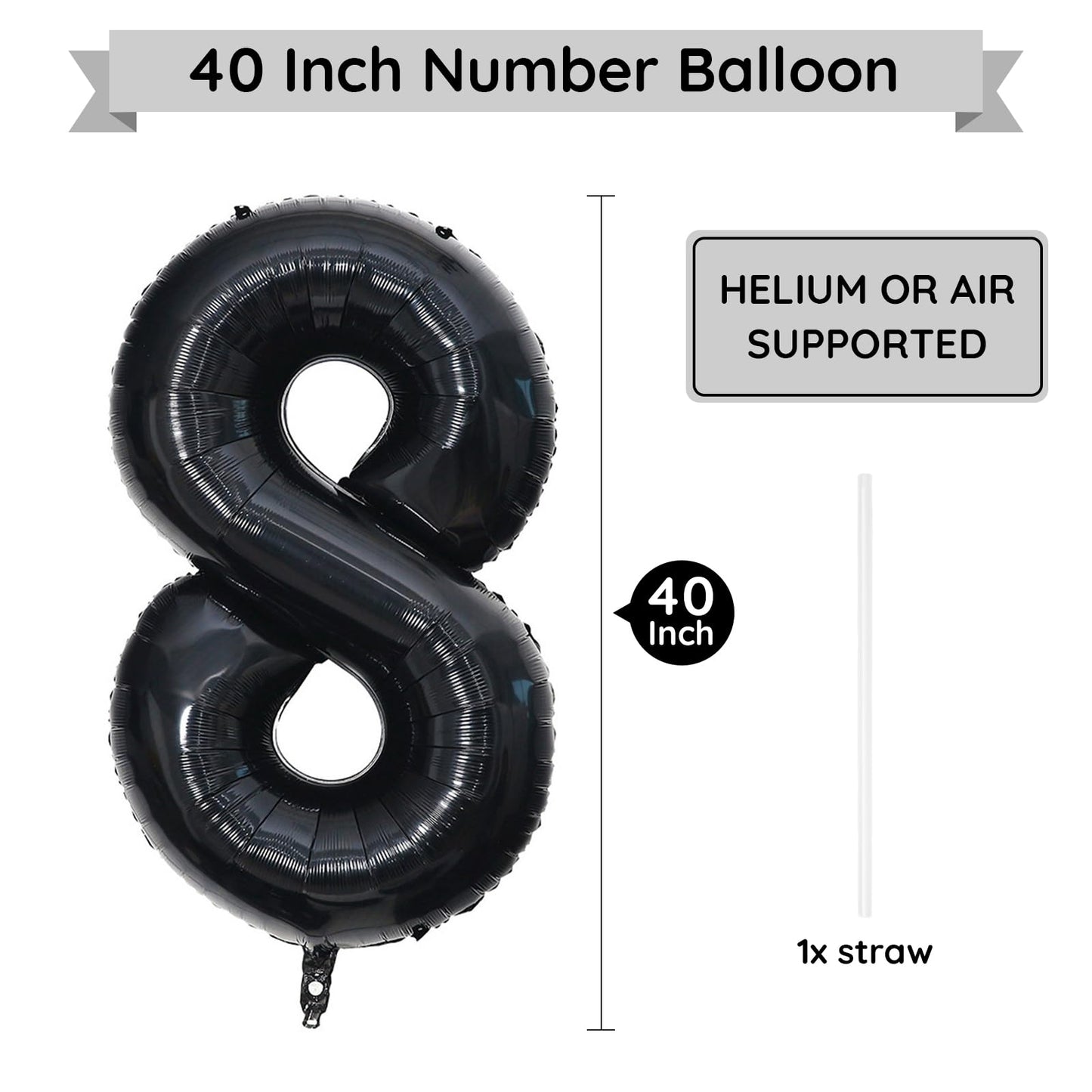 Paticool 40 Inch Black Number Balloon 8, Large Number Foil Balloons Mylar For Girl Boy Birthday Party Celebration Decorations Su