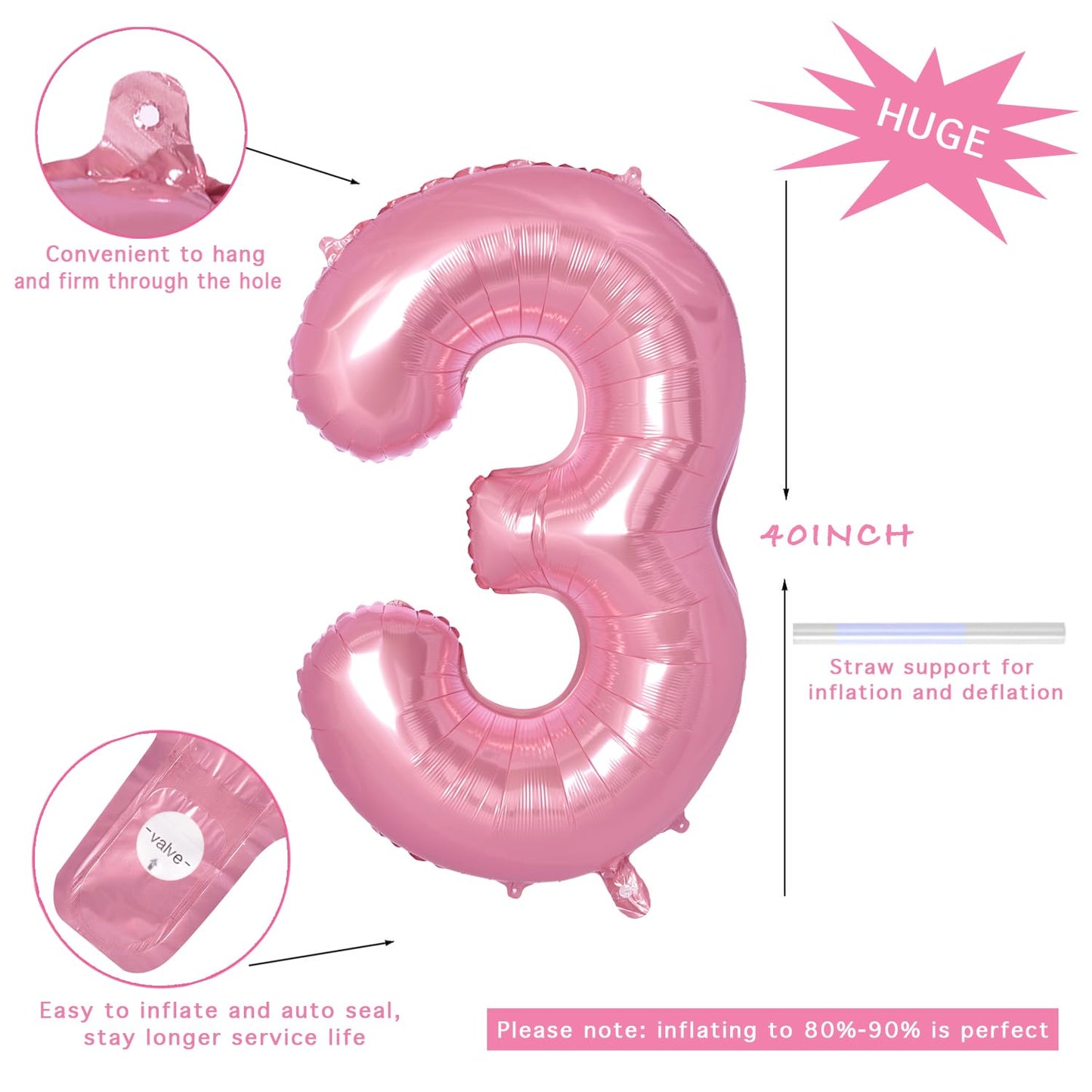 Vonokee 40 Inch Pink Giant Number Balloons 3, Jumbo Digital Foil Mylar Balloon For Birthday Party Wedding Anniversary Celebratio