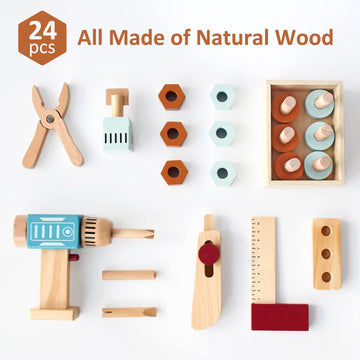 PairPear Kids Tool Set,Wooden Toy Tool Box with Toy Drill,Wooden Tool Kit Toddler Construction Toys Workbench Pretend Play Gift