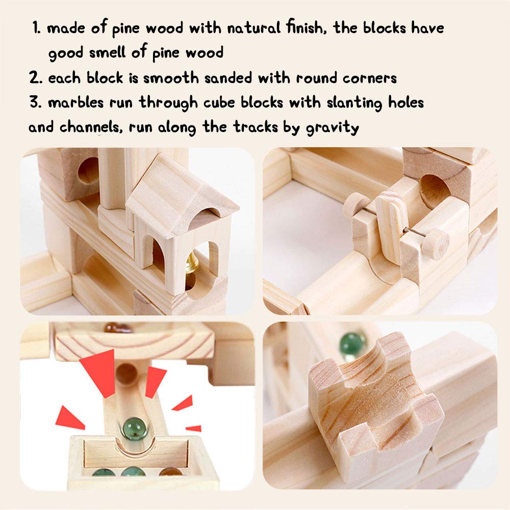 Wooden Marble Run For Kids Ages 4-8, 65 Pieces Wood Building Blocks Toys And Construction Play Set, Marble Track Maze Game Stem Learning Toys For Boys Girls (Natural Color Blocks)
