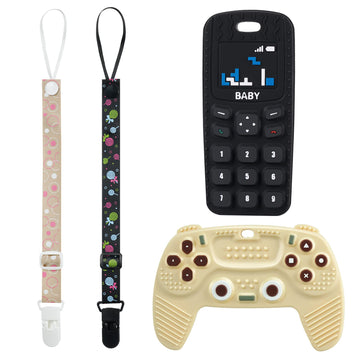 2Pcs Silicone Baby Teething Toys, Game Controller Teething Toys And Phone Teething Toys With 2Pcs Pacifier Clip,Bpa Free Silicon