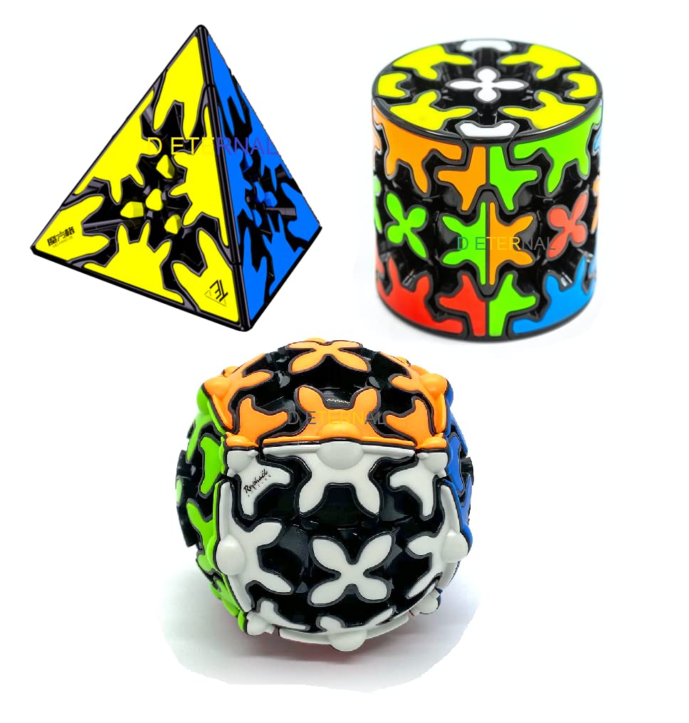 D ETERNAL QiYi Gear Cube Combo Set of Sphere Pyraminx and Cylinder Shaped Speed Magic Cube Puzzle (Tiled)