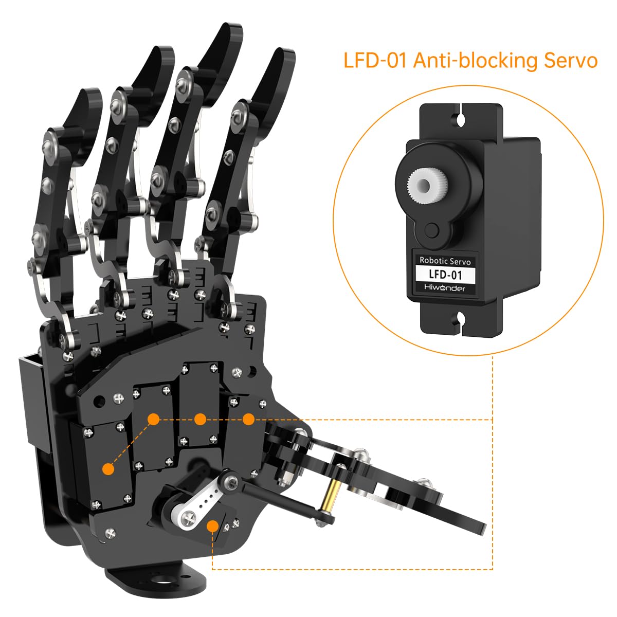 LewanSoul Bionic Robot Hand - 5-Finger Mechanical Arm, Aluminum, Left Hand, Black, Model: HiWonder