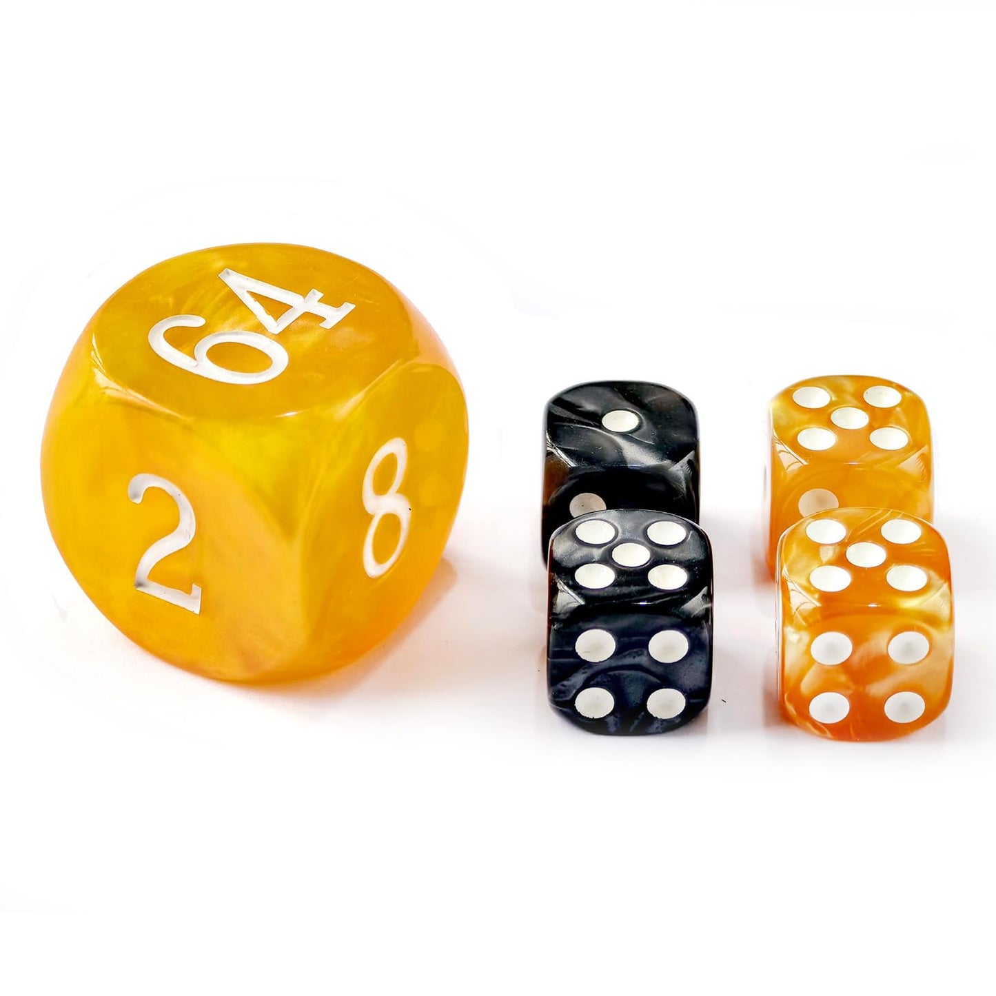 BESCON DICE 5pcs Backgammon Pearl Dice Set - 30MM Resin Doubling Cube with 4pcs 16MM Amber/Black Marbleized Dice