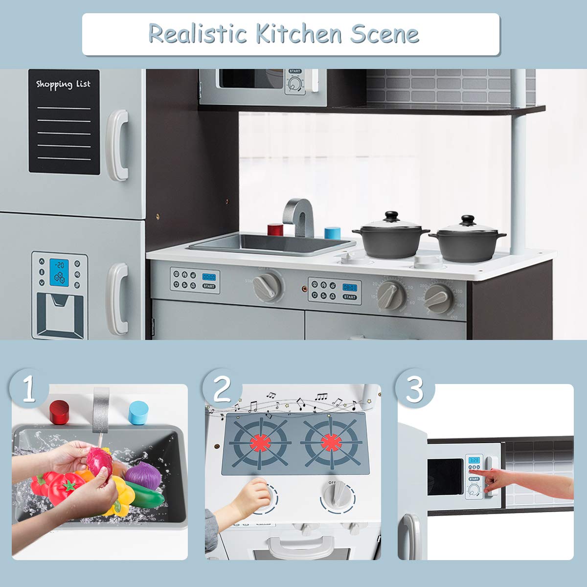 Costzon Kids Kitchen Playset, Wooden Pretend Play Toy Set with Realistic Sound, Microwave, Oven, Washing Machine, Refrigerator,