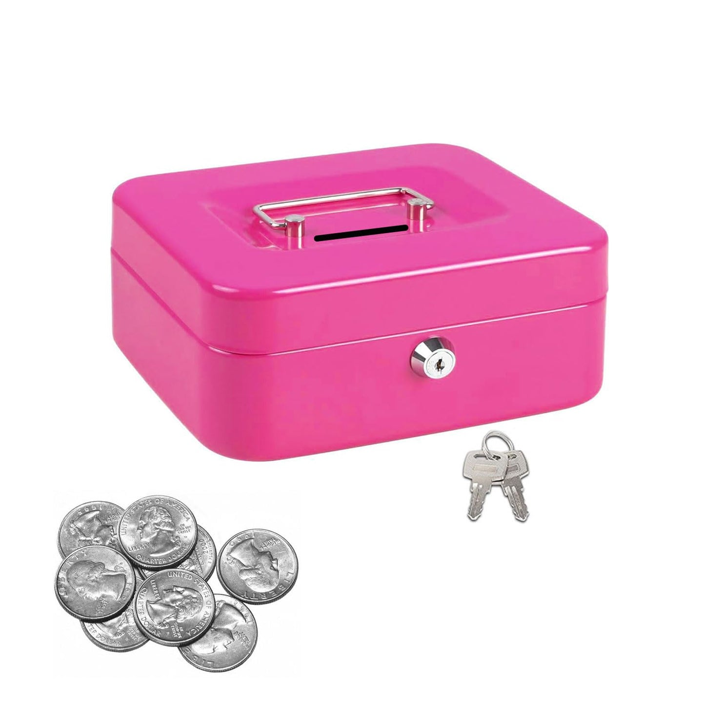 Locking Steel Mini Cash Box, Small Safe Lock Box with Portable Handle, Money Bank Without Money Tray, Cash Coin Can for Kids, 4.