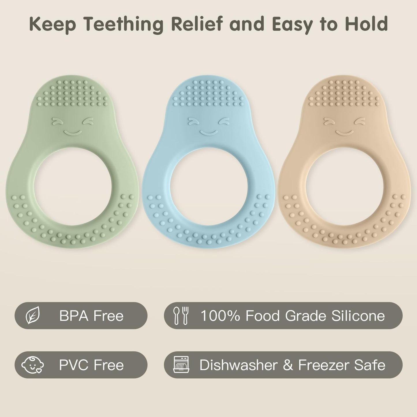 Eascrozn Baby Teething Toys, 3 Pack Teethers For Babies 3-6 6-12 Months, Baby Teething Relief Sore Gums, Food Grade Silicone Avo