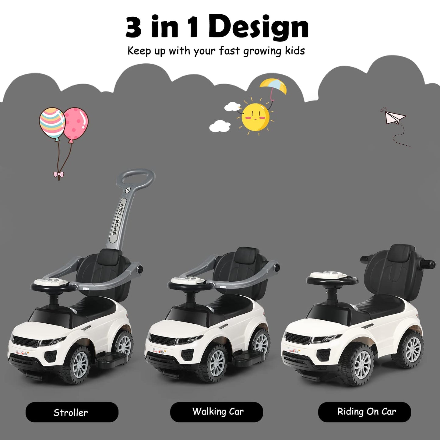 HONEY JOY Ride On Push Car for Toddlers, Large White, Polypropylene, Sound & Lights, Detachable Guardrail, Under Seat Storage