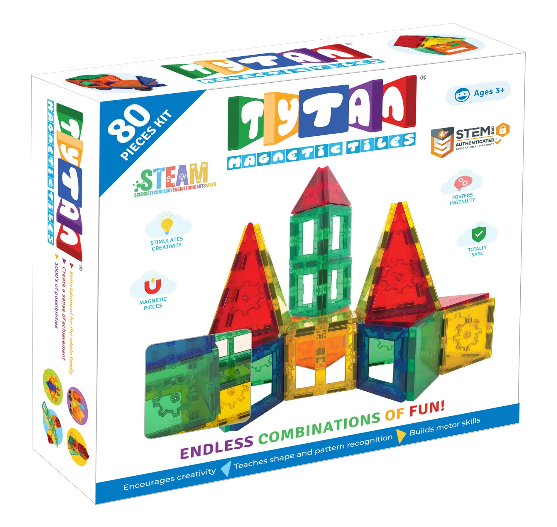 Tytan Tiles 80-Piece Magnetic Tiles Building Set, Ergonomic Design, Kids Stem Toy, Race Cars, Architectural Building, Creative P