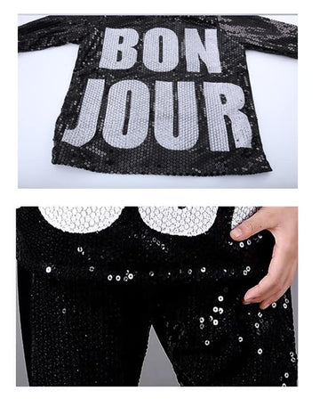 LOLANTA Kids Dance Costume Boys Girls Sequins Hip Hop Clothes 80s 90s Outfits Shiny Dress Up Dancewear(Black,8-10)