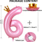 40 Inch Crown Pink Number 6 Balloon, Big Conjoined Baby Pink Foil Mylar Helium 6 Balloon For Girls 6Th Birthday Party Decoration
