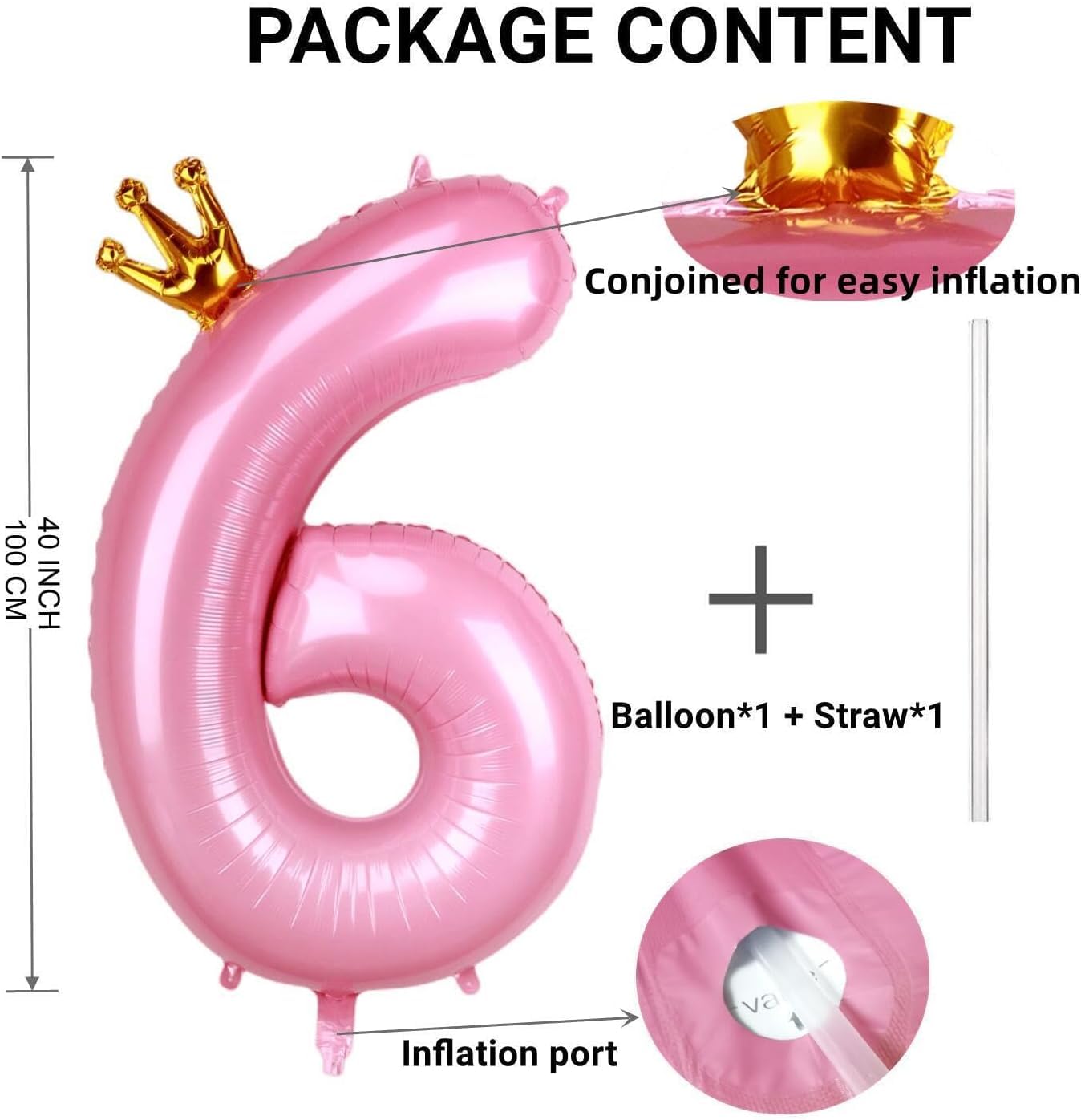 40 Inch Crown Pink Number 6 Balloon, Big Conjoined Baby Pink Foil Mylar Helium 6 Balloon For Girls 6Th Birthday Party Decoration