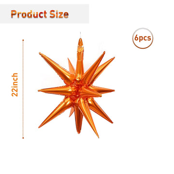 6 Pcs Orange Star Foil Balloons One-Piece 14-Pointed Star Balloons 4D Starburst Cone Mylar Balloons 22Inch Christmas Birthday We